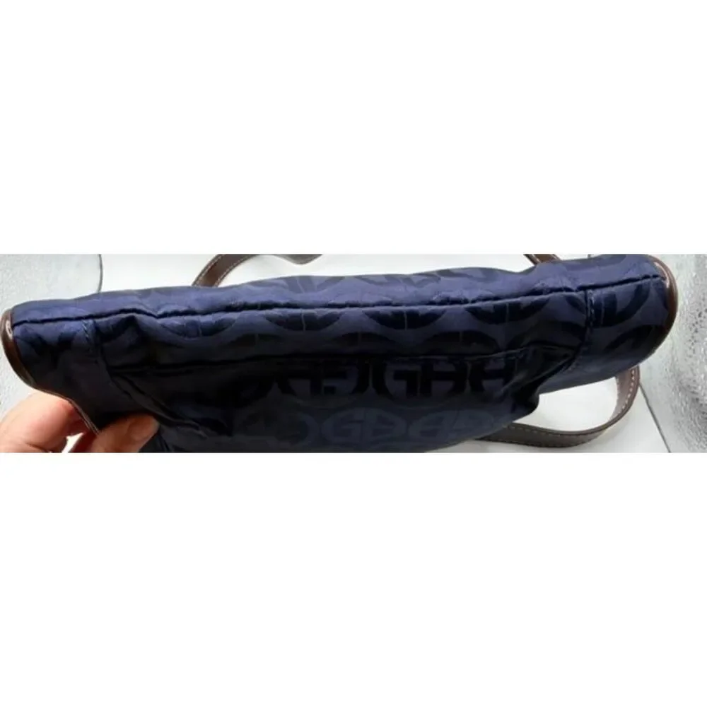 Giani Bernini Navy Blue Monogram Crossbody Bag Nylon Purse Brown Leather Trim